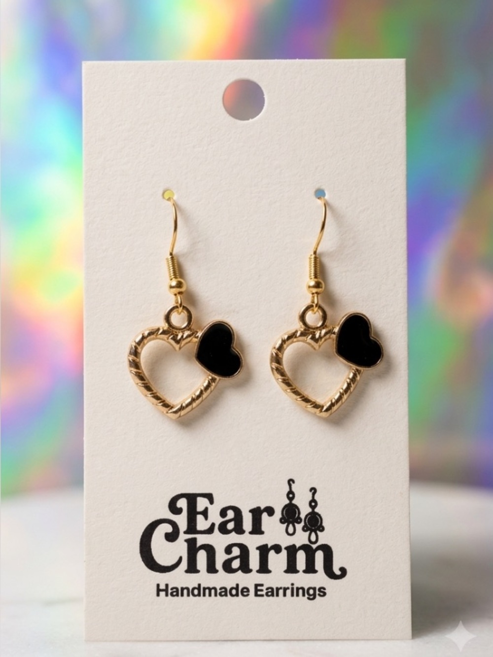 New Gold Black Heart Drop Earrings